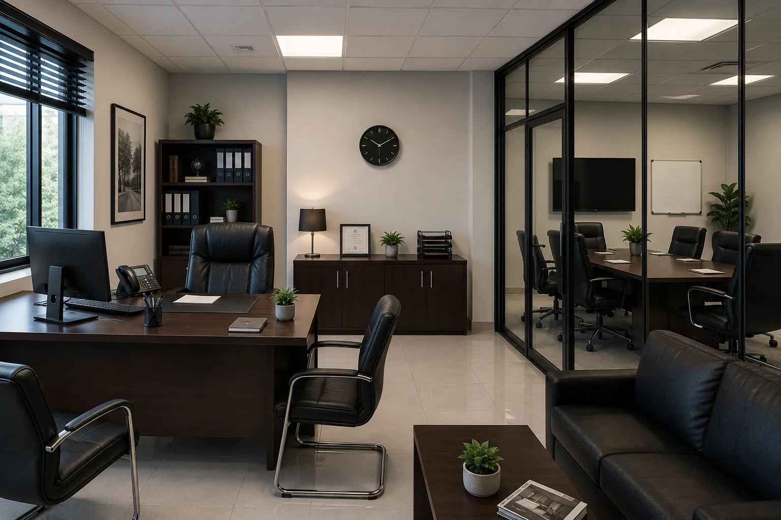 AFCM office consultation room with a desk, seating area, and meeting space