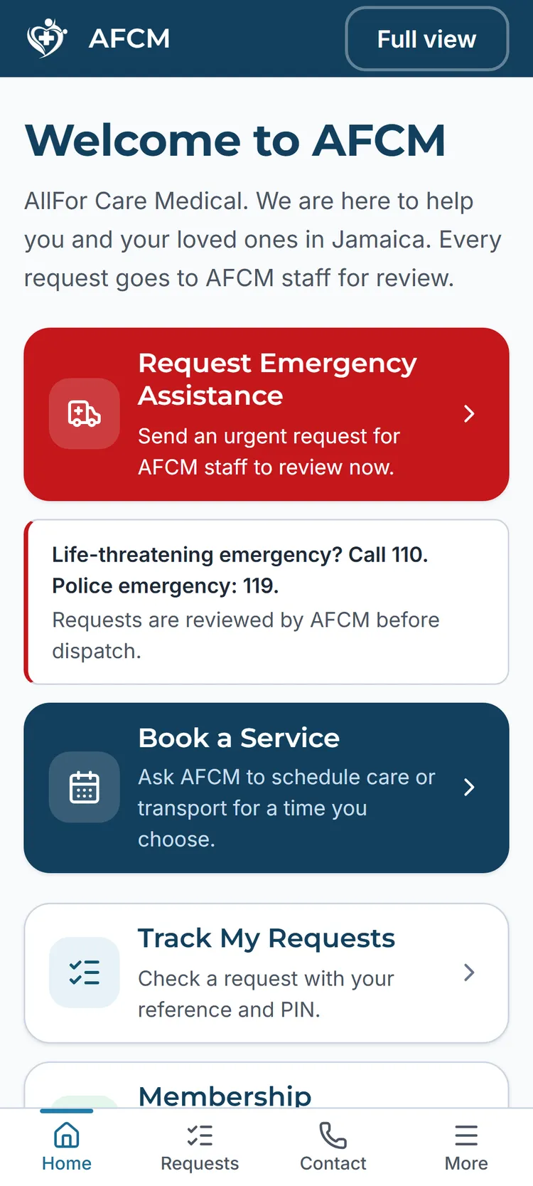 AFCM app home screen in simple view, with larger buttons for the essential actions