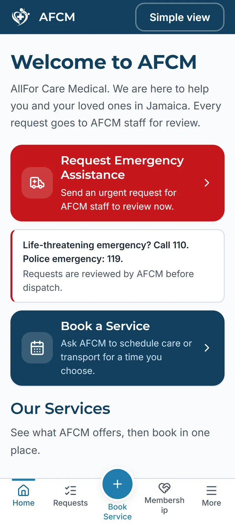 AFCM app home screen with buttons to request emergency assistance and book a service