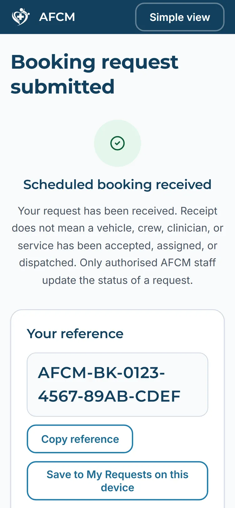 AFCM app receipt screen confirming a booking request was submitted, with its reference number